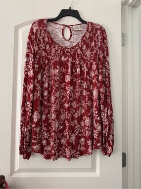 Knox Rose Red Floral Smocked Yoke Long Sleeve Blouse